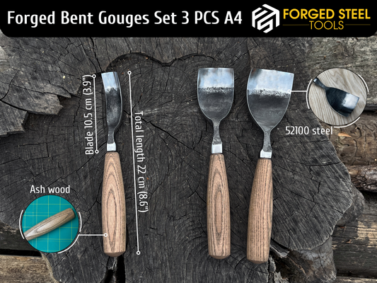 Forged Bent Gouge Set 3pcs. Wood carving gouge.